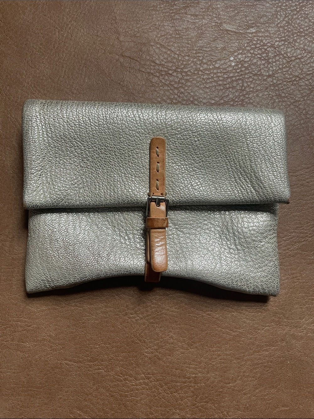 Calvin Klein Silver Fold-Over Leather Clutch/wallet with Brown Strap